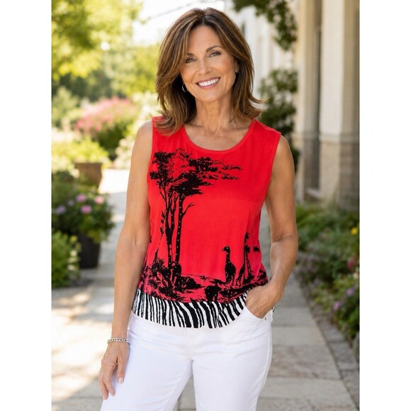 Take-Two Tops - Take Two Clothing Co. Vintage 90s African Safari Sunset Beaded Top Large Cotton